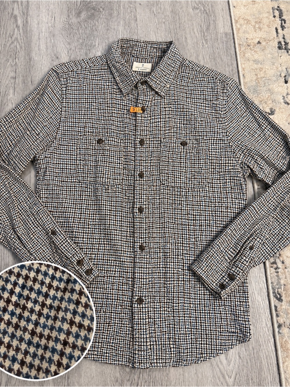Mutual Weave Long Sleeve Button Down Beige Houndstooth Shirt-Medium Blue/Brown
